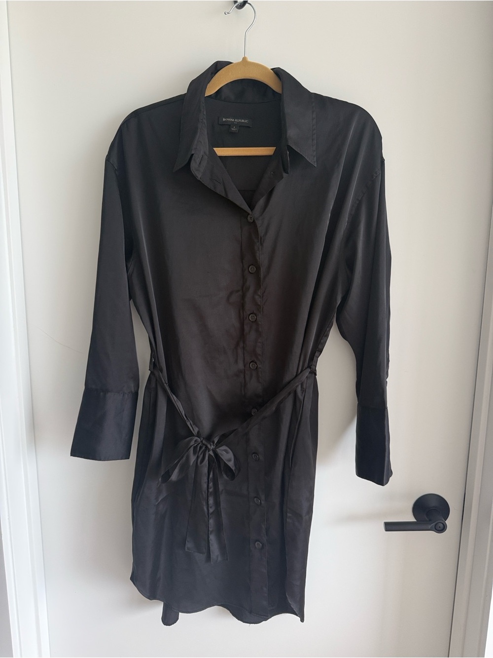 Banana Republic Black Satin Shirt Dress with Tie Waist